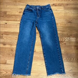 SHEIN Blue High Rise Wide Leg Jeans with Frayed Hem